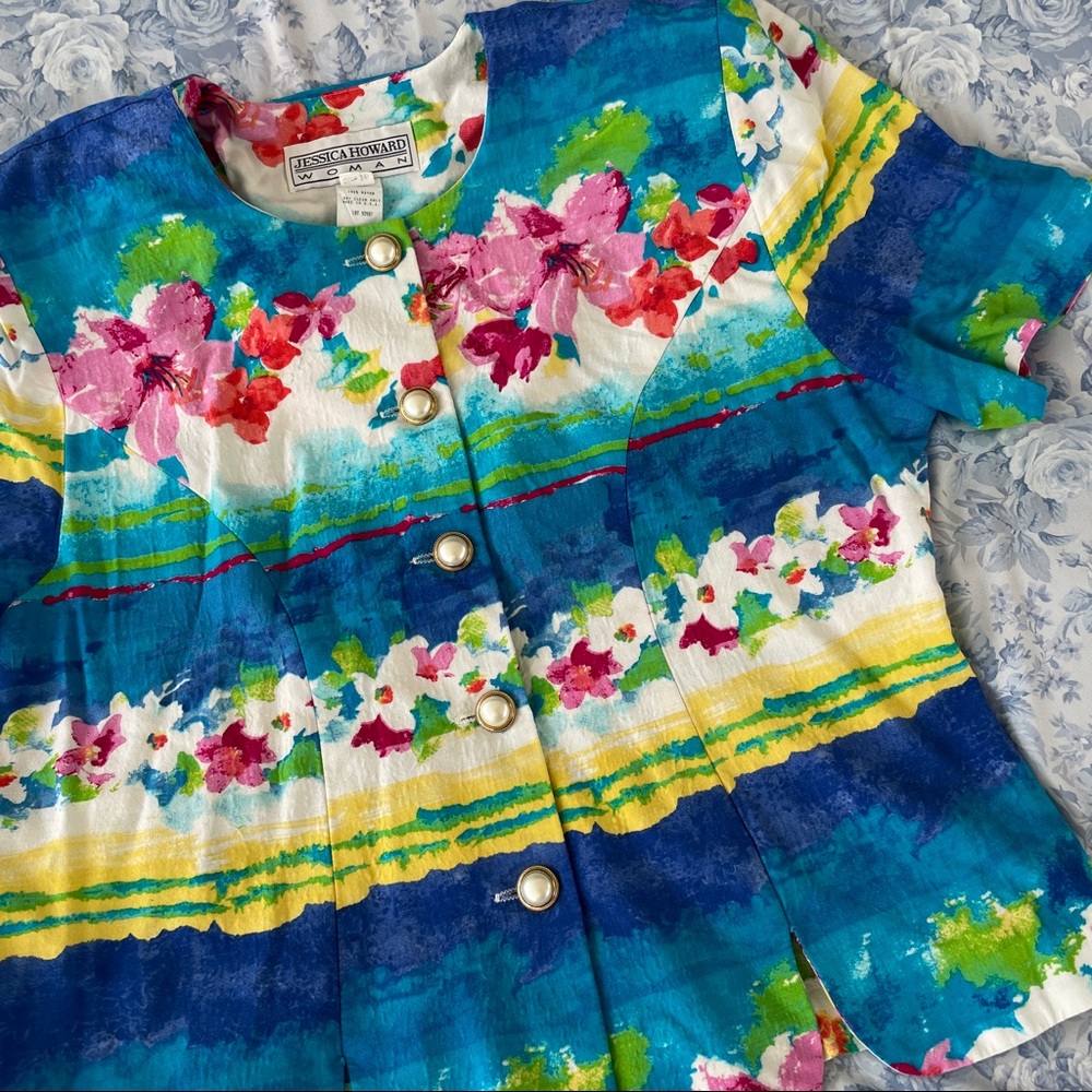 Vintage Jessica Howard  Made in USA Blouse Bright Floral Short Sleeved Buttoned